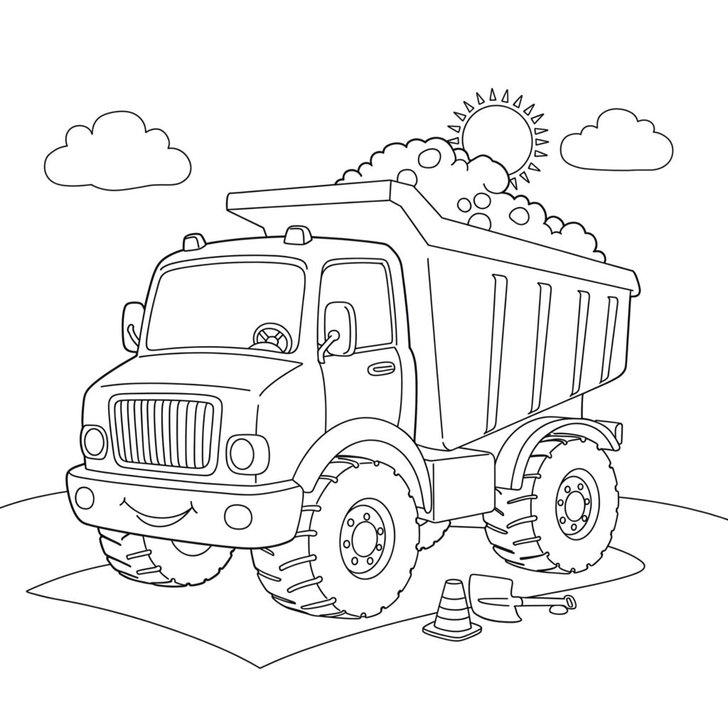 Easy dump truck coloring page printable for kids.