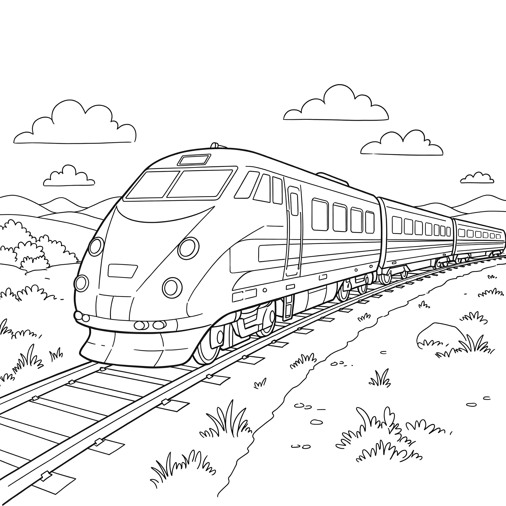 Easy modern passenger train coloring page printable for kids.