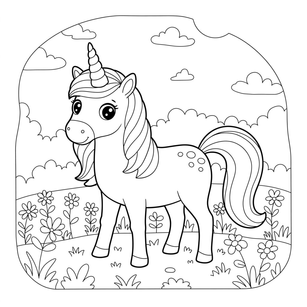 Easy cute unicorn coloring page with flowers printable.
